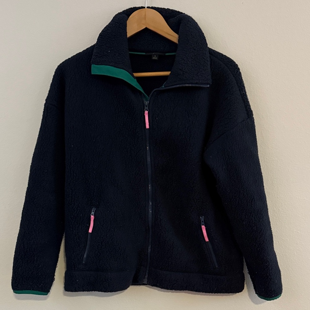 J Crew Navy Blue Fleece Jacket with Pink Zippers